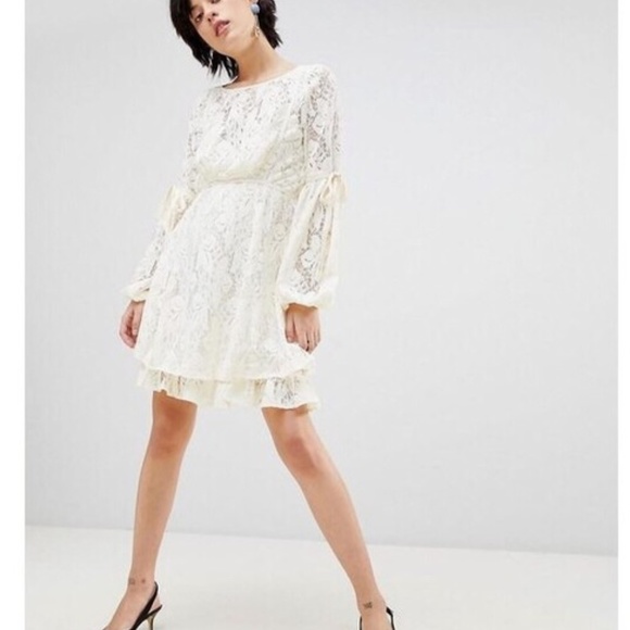 rubyn lace mini dress white Marie Oliver Ruby Puff-Sleeve Lace-Inset Mini Dress